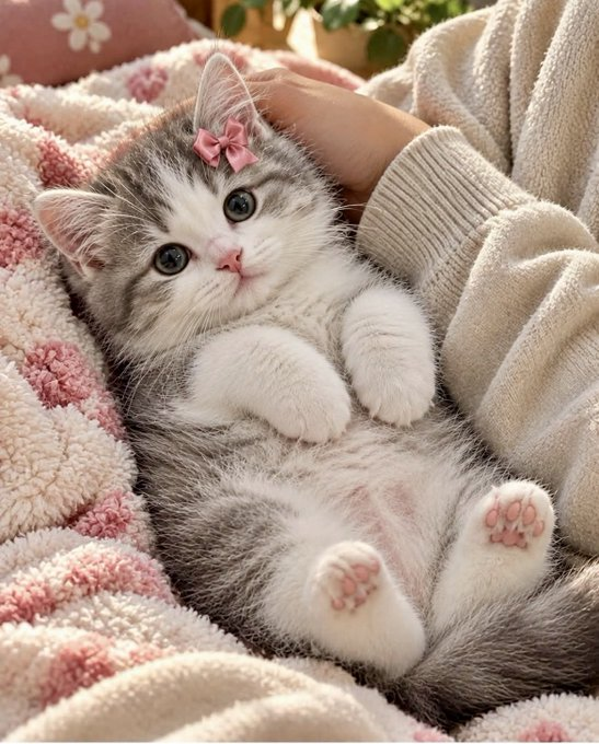 A small grey and white kitten with a tiny pink bow on its ear lies on its back on a soft pink and white knitted blanket, exposing its belly and pink paw pads.