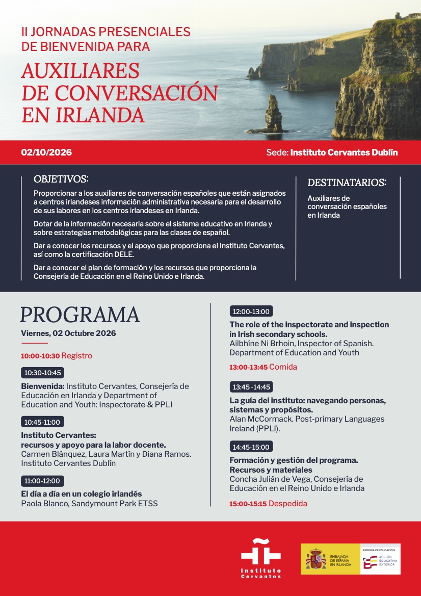 ICDublin's tweet photo. 🇪🇸📚 El 2 de octubre celebramos las II Jornadas Presenciales de Bienvenida para Auxiliares de Conversación Españoles en Irlanda.

📅 2 oct | 10:00–15:15 h
📍 ICD
🏫 Sistema educativo irlandés
📚 Recursos docentes
🧭 PPLI y Consejería de Educación

#AuxiliaresDeConversación https://t.co/QPXCmoGA7o