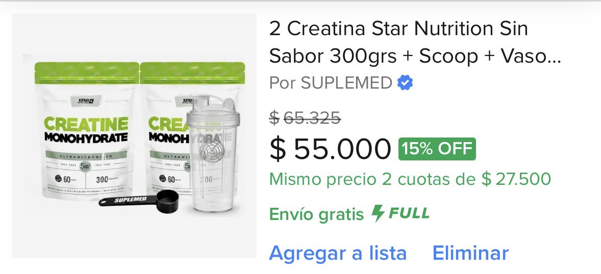 ofertasdar's tweet photo. ¿Buscás potenciar tus entrenamientos al máximo? Este combo incluye 2 paquetes de Creatina Monohidratada 100% Pura Star Nutrition (600g en total), vaso mezclador y scoop medidor 🏋️‍♂️⚡ 💰 $55.000
💳 2 cuotas de $27.500
Compra en Mercado Libre Argentina 👉 https://t.co/gVCICNc5Za https://t.co/jVwI2SAhKS