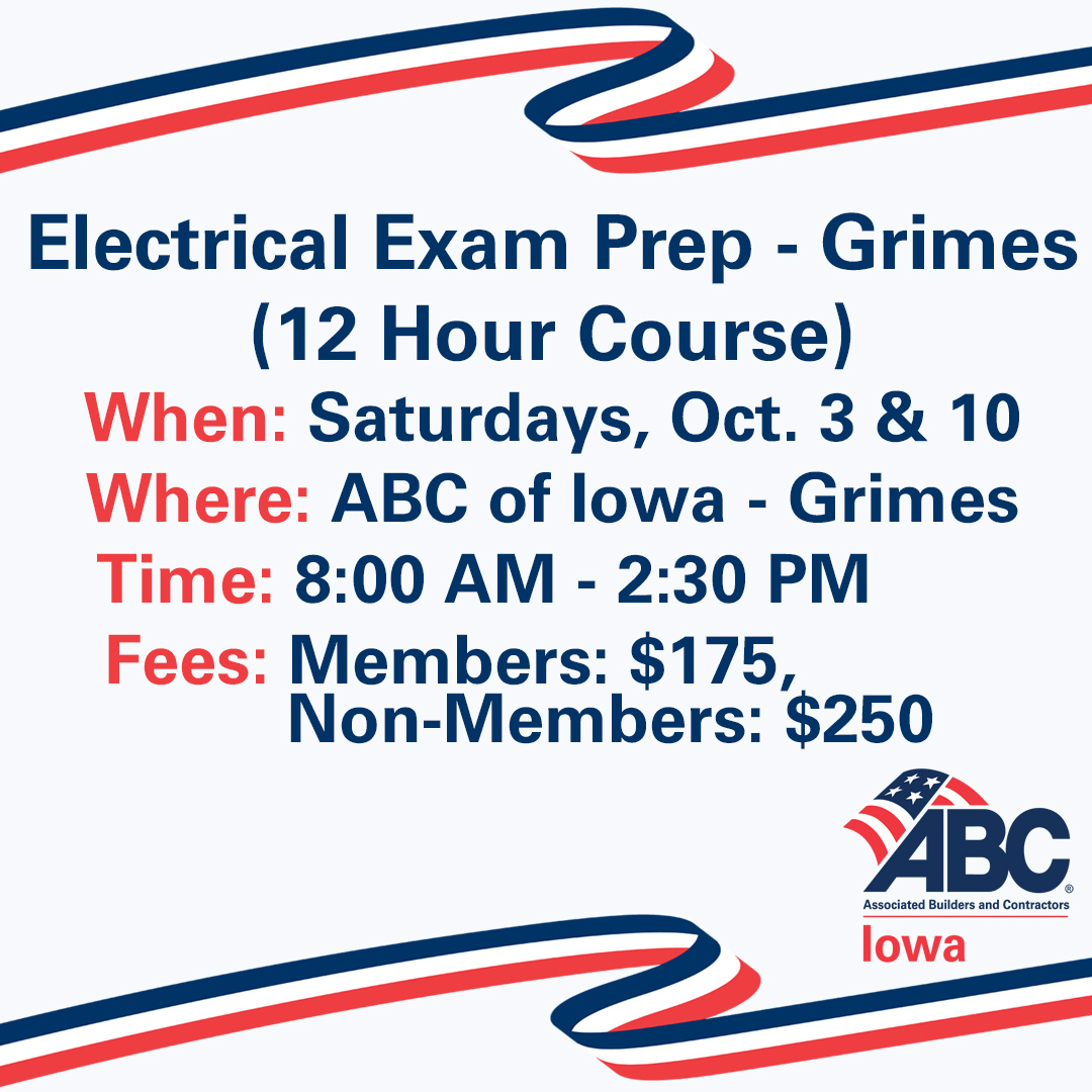ABCofIowa's tweet photo. We have an Electrical Exam Prep Course coming up at our ABC of Iowa Grimes location this Saturday! 
Register today: https://t.co/wps3t5Uc1e 
#ABCMeritShopProud #ElectricalCourse https://t.co/k2oxQubCvw