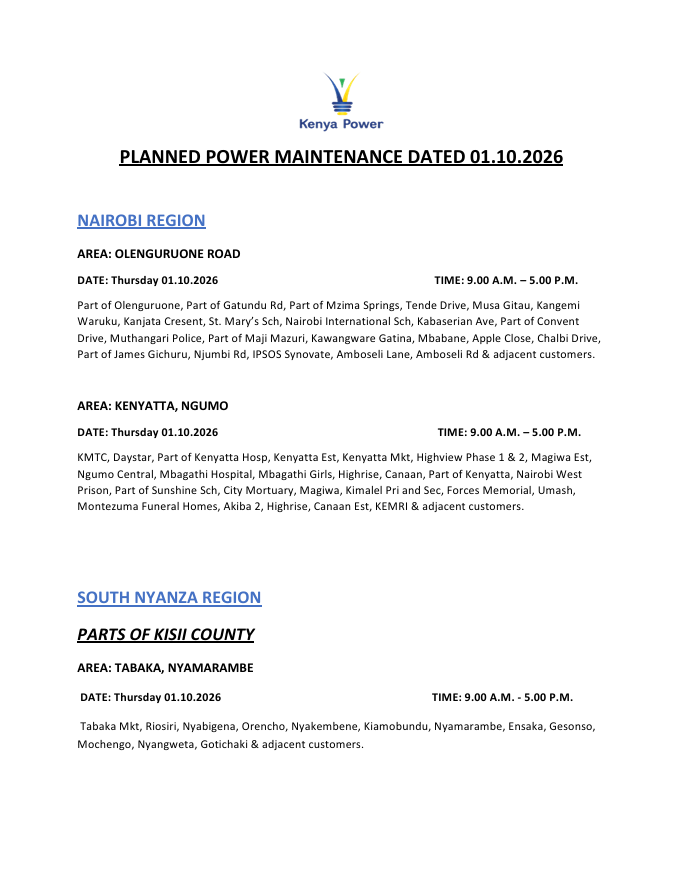 KenyaPower_Care's tweet photo. Good Evening. The listed areas will be under planned power maintenance tomorrow (01.10.2026). The interruption is part of network maintenance. We regret any inconvenience that may occur during the operations. For the advance notice, use https://t.co/SvRCLsHaiv. To access the latest schedule, check under the most recent date. You can also enjoy added convenience by chatting with Nuru via: https://t.co/8cjQP8YP2M. ^CM