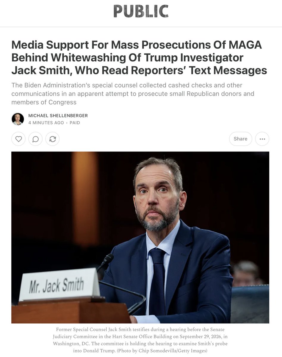 shellenberger's tweet photo. There's no evidence of bad behavior by Jack Smith, say reporters. But he collected texts from dozens of journalists &amp; Congressmen, and 4,782 cashed checks from donors. Reporters excuse these unprecedented abuses of power because they crave mass prosecution of MAGA Republicans. https://t.co/MjR37NAnbU