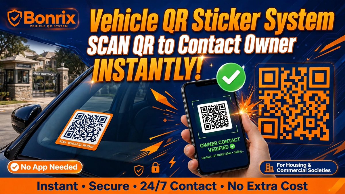 Bonrix's tweet photo. Bonrix Vehicle QR Sticker System for Housing Society - Scan to Contact Owner &amp; Flat Number Instantly
https://t.co/fvxf4wi6SJ
#FacilityManagement #PropTechIndia #CommunityManagement #FleetManagement #TransportTech #SecureParking #DigitalSociety https://t.co/wFsUgSmnqK