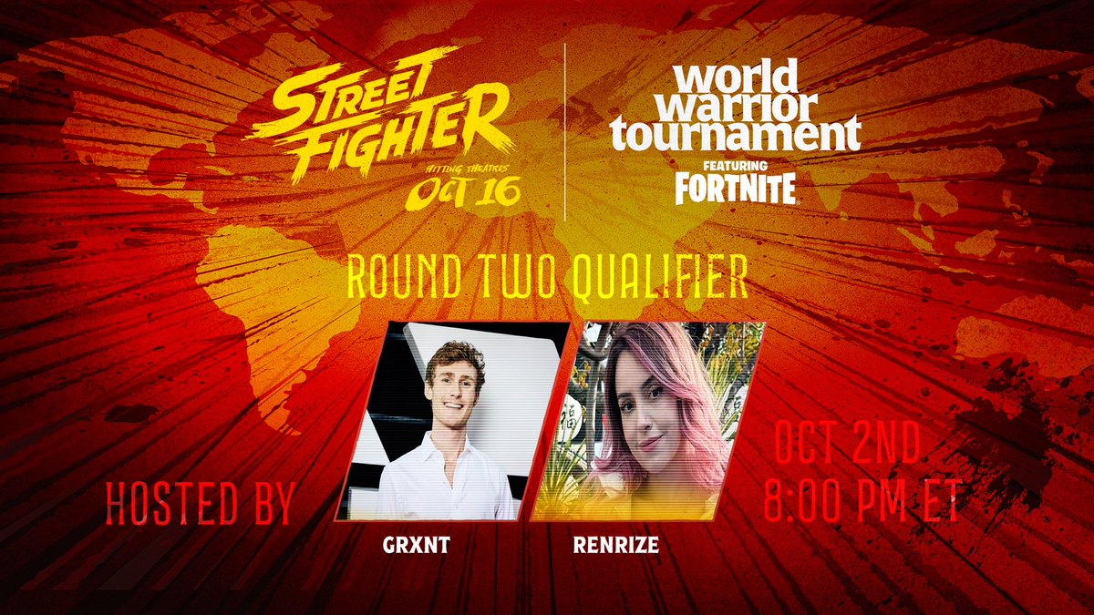 RealGrxnt's tweet photo. I’m hosting Round 2 of the Fortnite World Warrior Tournament on October 2nd @ 5 PM EST on my YouTube and Twitch! Players from around the world will battle it out in Fortnite for two spots in the finale. Let’s do this! 🥊🔥 @Street_Fighter #StreetFighterPartner https://t.co/0HHlyo2Gnu