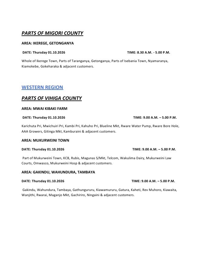 KenyaPower_Care's tweet photo. Good Evening. The listed areas will be under planned power maintenance tomorrow (01.10.2026). The interruption is part of network maintenance. We regret any inconvenience that may occur during the operations. For the advance notice, use https://t.co/SvRCLsHaiv. To access the latest schedule, check under the most recent date. You can also enjoy added convenience by chatting with Nuru via: https://t.co/8cjQP8YP2M. ^CM