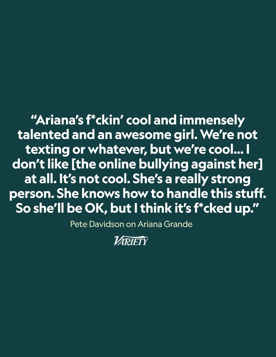 TeamArianaBE's tweet photo. #INFO: Pete Davidson DÉFEND Ariana dans une nouvelle interview pour Variety :

« Ariana est super cool putain et une fille incroyable et extrêmement talentueuse. On ne se parle plus ni rien de ce genre, mais on va bien… Je n’aime pas du tout (les attaques en ligne), ce n’est pas cool. Mais c’est une personne très forte et elle sait gérer ce genre de situation, elle va s’en sortir, mais je trouve tout ça de la merde. »