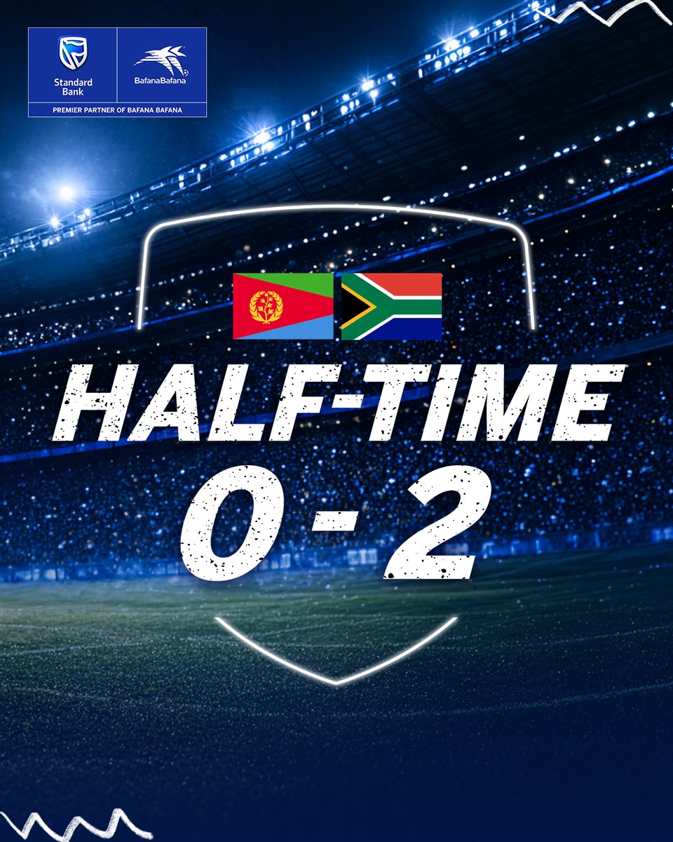 StandardBankZA's tweet photo. Half-time and Bafana are ahead! 🇿🇦🔥 And yes, we’re enjoying it, but the job isn’t done. One more big half, boys. Let’s finish this! 

#SBLove💙#BackedByBlue💙 https://t.co/dPBnVMtsap