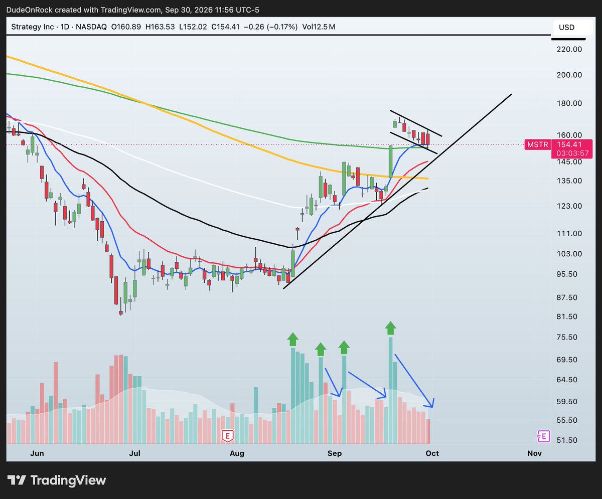 DudeOnR0ck's tweet photo. The selloff this morning on $MSTR , $COIN , and $BTC was dirty. But Strategy still has some of the cleanest volume patterns I've seen in a while. I think its worth a shot. Im grabbing some 180c for 10/16, average cost 2.05 https://t.co/n8MP9RM180