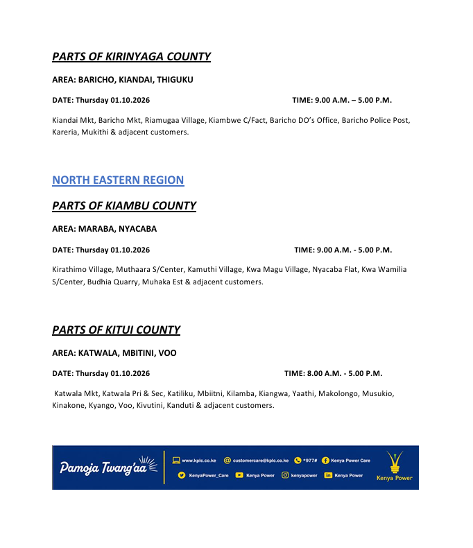 KenyaPower_Care's tweet photo. Good Evening. The listed areas will be under planned power maintenance tomorrow (01.10.2026). The interruption is part of network maintenance. We regret any inconvenience that may occur during the operations. For the advance notice, use https://t.co/SvRCLsHaiv. To access the latest schedule, check under the most recent date. You can also enjoy added convenience by chatting with Nuru via: https://t.co/8cjQP8YP2M. ^CM