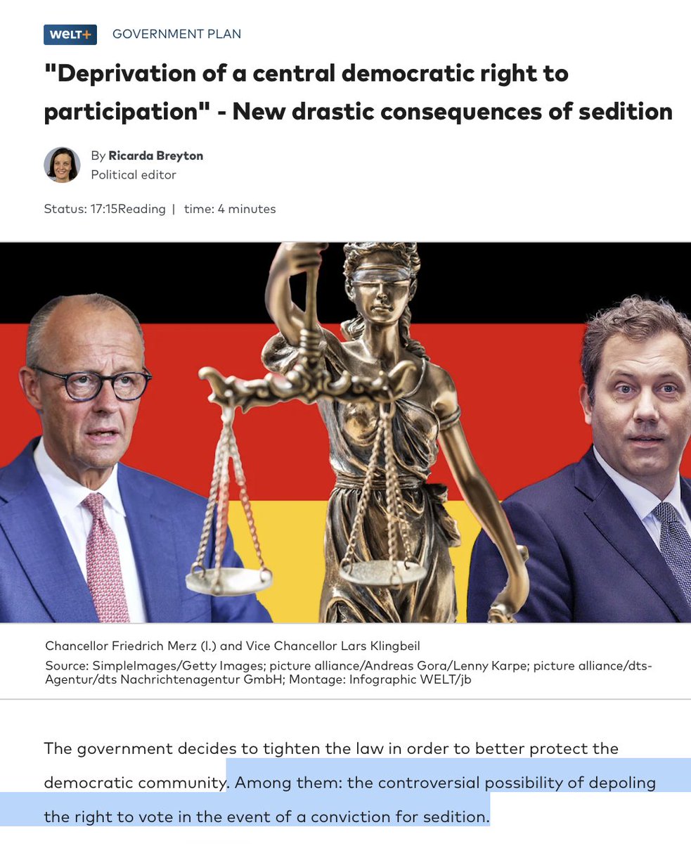 MartinSellner_'s tweet photo. They really did it.

They announced it earlier in 2026, and now they are really doing it. The German government is reinforcing their crazy hate speech law called "Volksverhetzung/Incitement to hate".

This law can mean literally anyything. There were house raids because somebody called a politician an"imbecile".  

Investigations because of paper planes with the slogan "Remigration" are based on this law. 

Now, it receives an add-on. If you're convicted, you lose your passive voting right, which means you cannot run for election anymore. 

This is an easy way for the German elite to get rid of AfD politicians they don't like. 

Germany is a democracy simulation. 

We are the resistance fighting for remigration and for free speech.