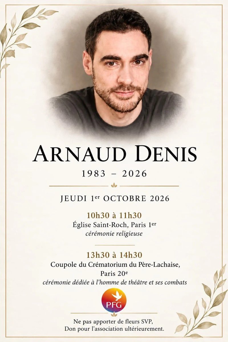 lechochretien's tweet photo. 🇫🇷🕊️ 𝗙𝗟𝗔𝗦𝗛 — Mort par EUTHANASIE en Belgique à l’âge de 43 ans, le comédien et metteur en scène Arnaud Denis recevra une CÉRÉMONIE RELIGIEUSE ce jeudi 1er octobre à l’église Saint-Roch, à Paris, malgré le canon 1184 du Code de droit canonique. (@CathoFr) https://t.co/DYEgb0MBhc