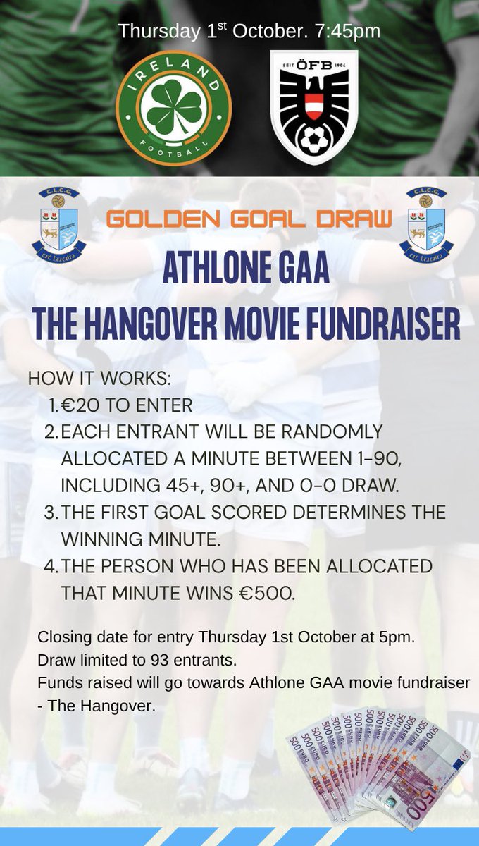 EoinJoeyJordan's tweet photo. @AthloneGAA having a fundraiser for the Ireland match on Thursday, 9 spots left, DM to enter, thanks 🤑 https://t.co/eL4mEpMt2j