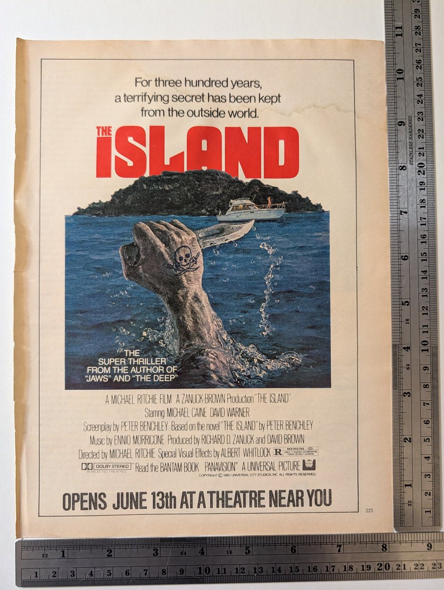 The_Record_Inst's tweet photo. 1980 print ad for THE ISLAND — Universal sold it as "The Super Thriller from the author of JAWS and THE DEEP." Benchley's name above the title; Caine, Warner, Morricone and Ritchie below it. #VintageAds #MoviePosters #TheRecordInstitute https://t.co/9mtihg489u