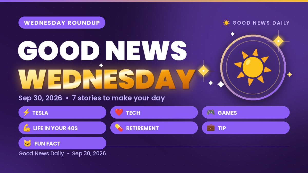 GoodNewsDailySW's tweet photo. 💭 Coffee is a must this morning… Fall is here!

☀️ GOOD NEWS WEDNESDAY ☀️

Coffee + 7 feel-good stories:

⚡ Tesla Semi order
❤️ iPS heart sheets
🎮 ReStory 500k
💪 Sleep+move+eat
💊 Part D $2,400
💼 Catch-up tip
🐱 Cat purrs

More coming this morning https://t.co/ymGJrKa2bw