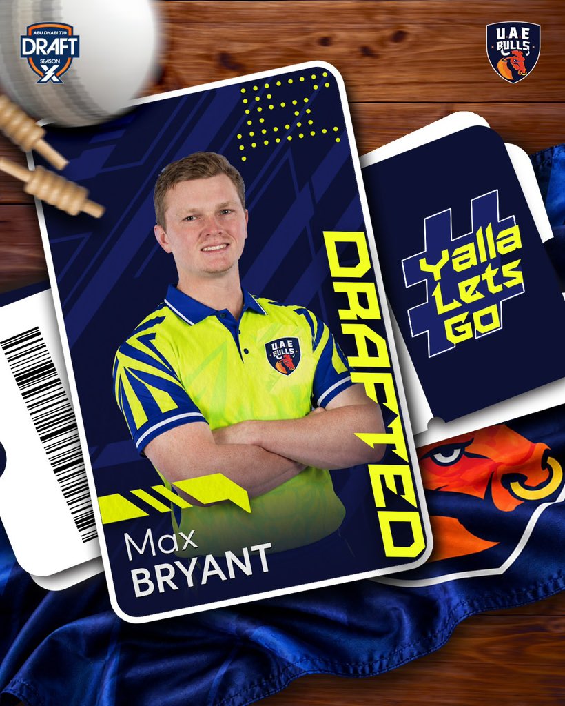 BullsT10_'s tweet photo. Aussie firepower joins the Bulls! 💥 

Max Bryant is in, adding another explosive option to our batting lineup.

#UAEBulls | #YallaLetsGo |  #AbuDhabiT10 | #CricketsFastestFormat | #InAbuDhabi

{UAE Bulls, Abu Dhabi T10, Draft 2026} https://t.co/dJ0UbdKc6Z