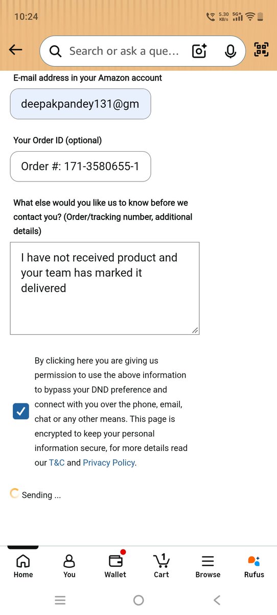 DeepakP271090's tweet photo. @AmazonHelp It is always saying sending but not taking response https://t.co/RBVJOw8gja
