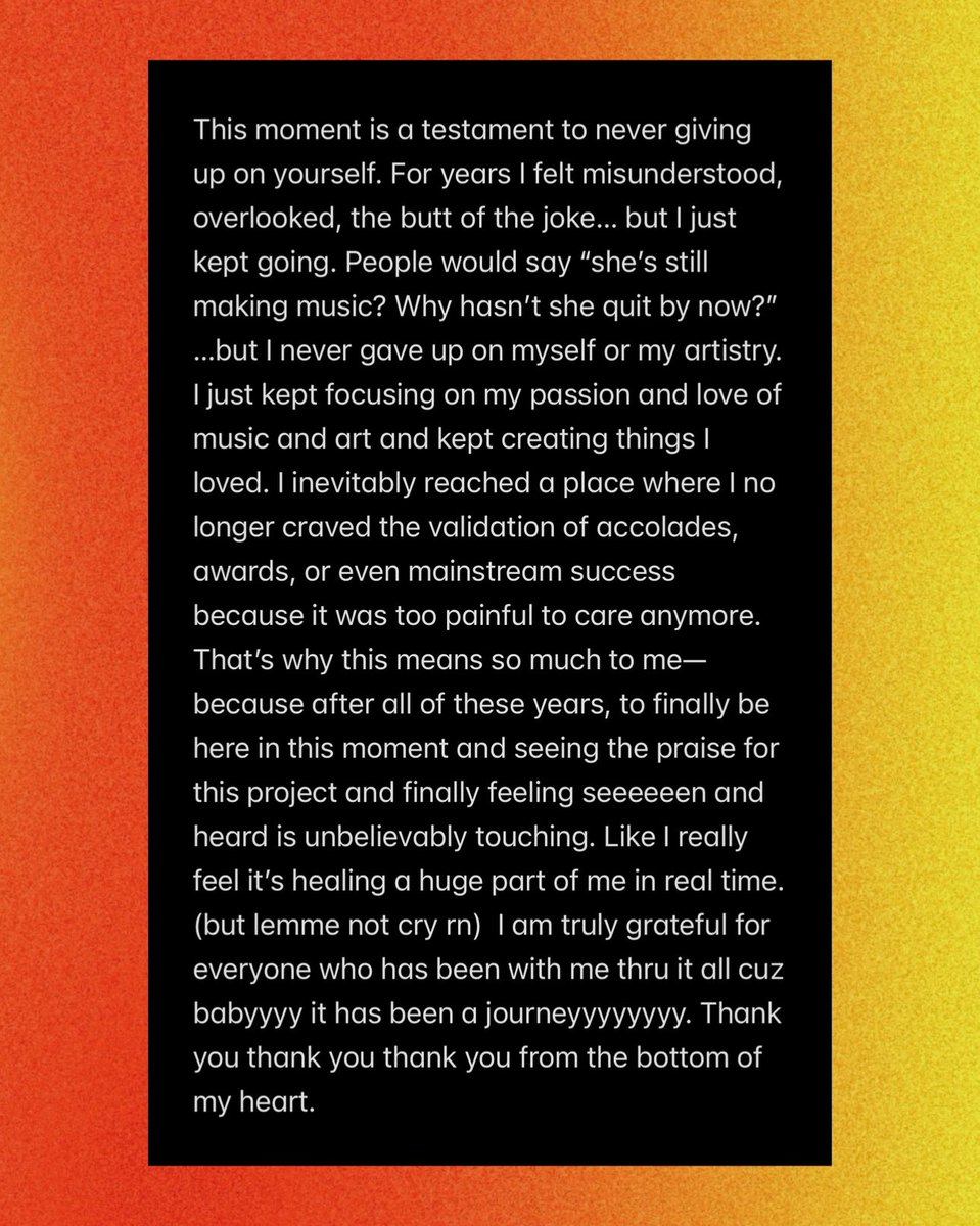 PopCrave's tweet photo. Tinashe reacts to the praise for her new album 'Popstar':

"For years I felt misunderstood, overlooked, the butt of the joke... but I just kept going. People would say 'she's still making music? Why hasn't she quit by now?' ...but I never gave up on myself or my artistry." https://t.co/mp6n2cF0Ok