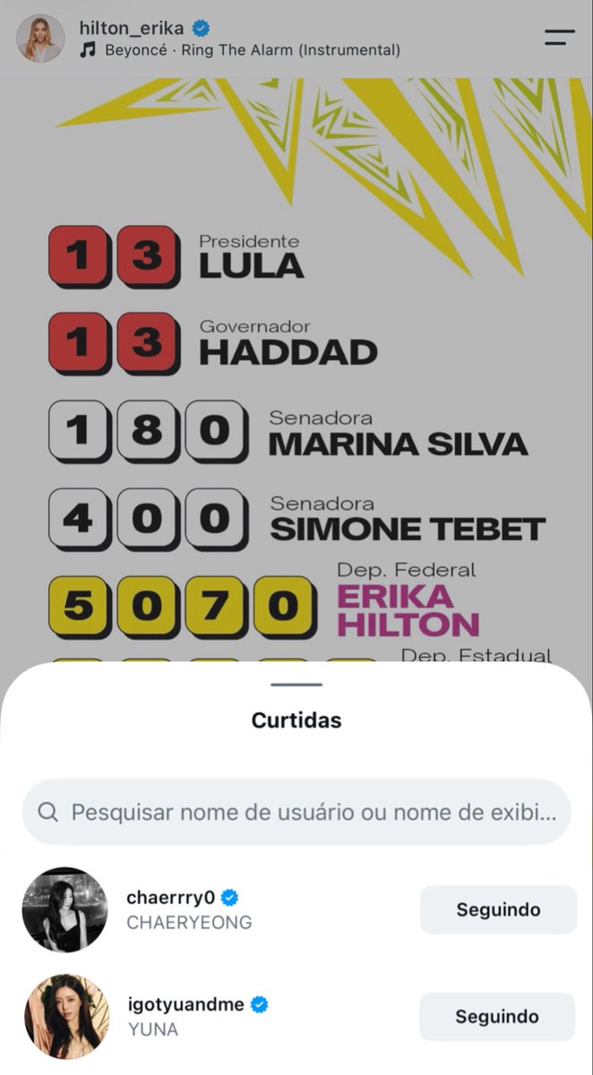 itzyfofocas's tweet photo. 🇧🇷 PATRIOTAS! Em plena semana de eleição, Chaeryeong e Yuna do ITZY curtem a publicação para campanha eleitoral da Erika Hilton no Instagram. https://t.co/XU7uZI7Rgy