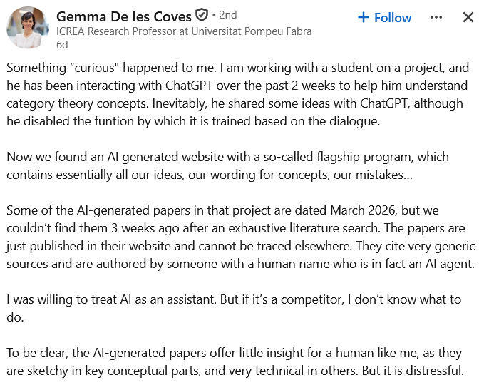 gbiondizoccai's tweet photo. The LinkedIn post's claim is quite plausible: data leaks, AI-generated fake papers, and autonomous agents are documented risks of AI use. Protect your data: use Temporary Chats (not used for training, deleted after 30d) and opt out of training even there. https://t.co/ZqnBVzvAZ2 https://t.co/AZG2RIArLS