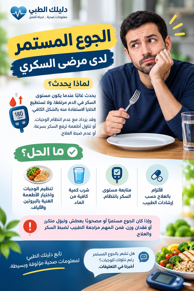 AmarnahAsem's tweet photo. ️ الجوع المستمر لدى مرضى السكري… لماذا يحدث؟

قد يشعر مريض السكري بالجوع بشكل متكرر، خصوصًا عندما يكون مستوى السكر في الدم مرتفعًا ولا تستطيع الخلايا الاستفادة منه بالشكل الكافي. وقد يزداد الأمر مع عدم انتظام الوجبات، أو تناول أطعمة ترفع السكر بسرعة، أو عدم ضبط العلاج. https://t.co/1uYXX8B2A4