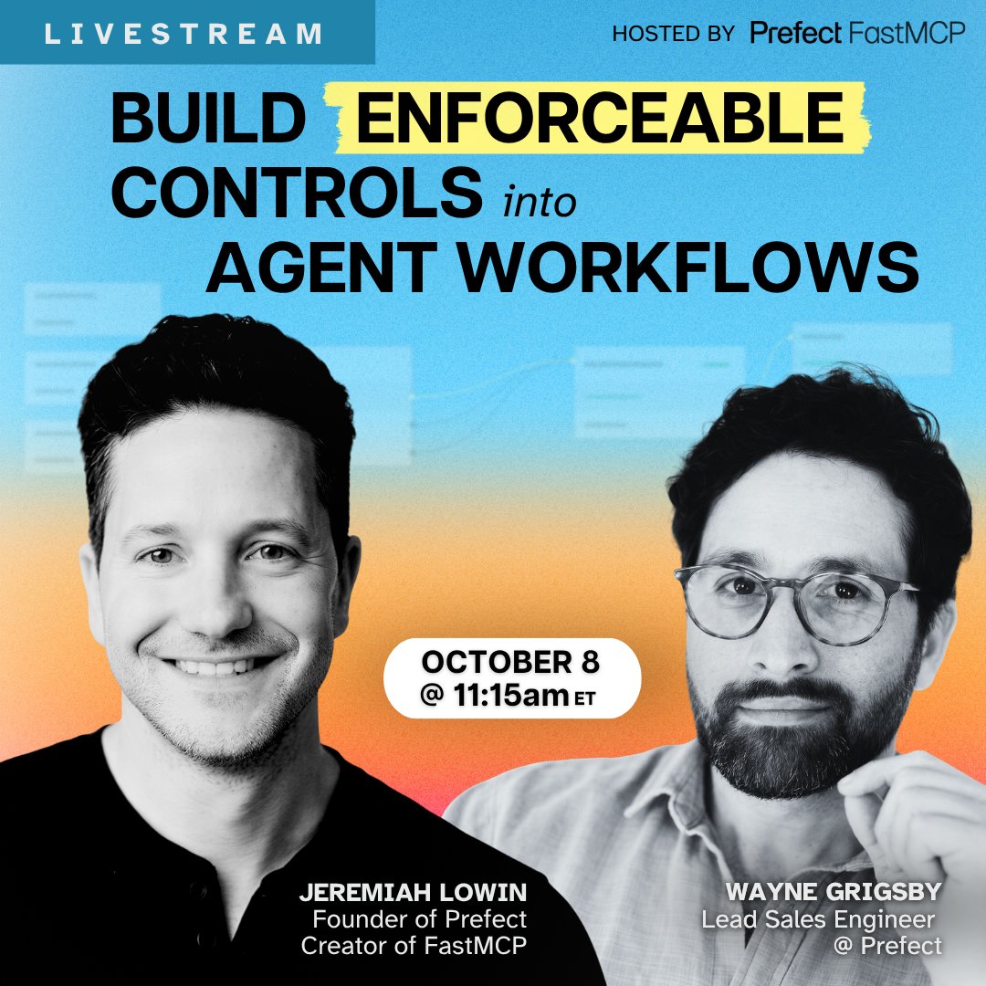 PrefectIO's tweet photo. your agent says it followed every step. your agent also says a lot of things.

@jlowin and wayne grigsby will be talking about agent governance and how to enforce access rules and required steps as agents take on recurring business processes.

october 8 · 8:15 a.m. pt / 11:15 a.m. et
30-minute talk + 15-minute q&a

save your seat in the link below. ⤵️