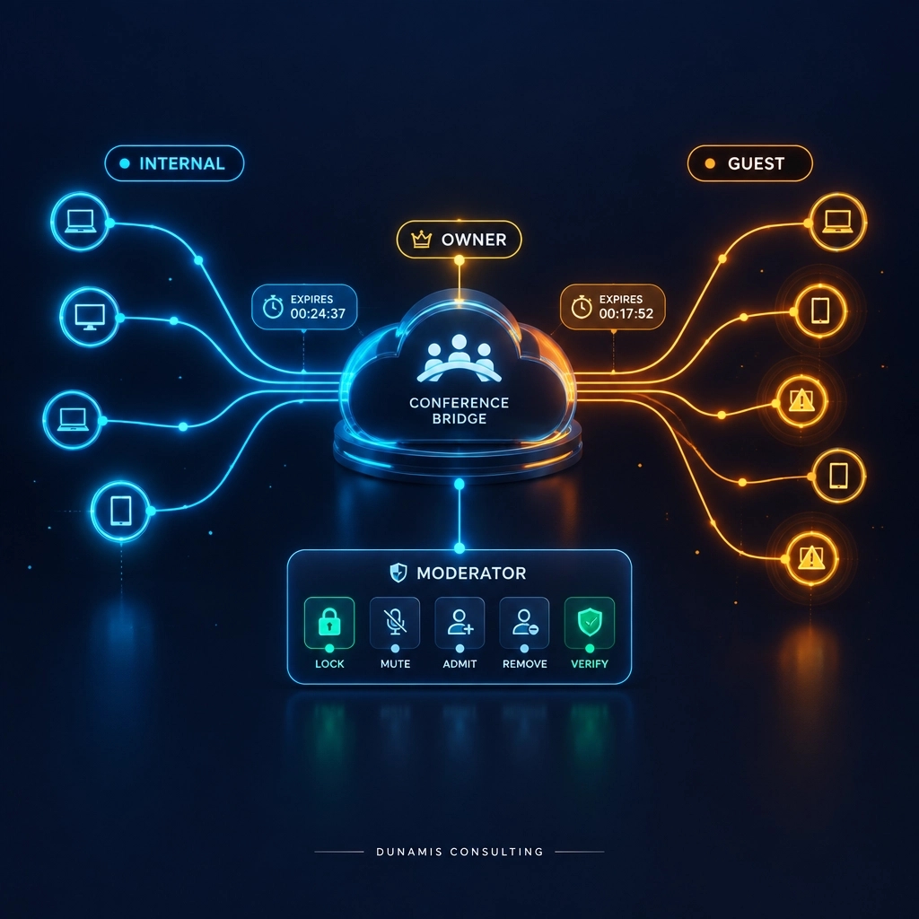 GetDunamis's tweet photo. Assign a bridge owner. Expire stale access codes. Separate internal and guest entry. Test moderator controls. Review unexpected participants. Clean conference access keeps calls secure. #CloudTelephony #CCaaS https://t.co/KMKnp1WX0R