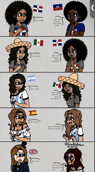 This is a comic by @LourMalaguen dated 04.07.26, showing a recurring pattern where women from various countries (Dominican Republic, Haiti, Mexico, Argentina, Spain, United Kingdom) become upset when answering a crying woman's question with "Ugh, brown..." about hating their "Latino/Afro-Latina sister" — illustrating how white supremacy and internalized racism manifest across different cultures, with the final British woman even feigning empathy while subtly reinforcing the same bias.