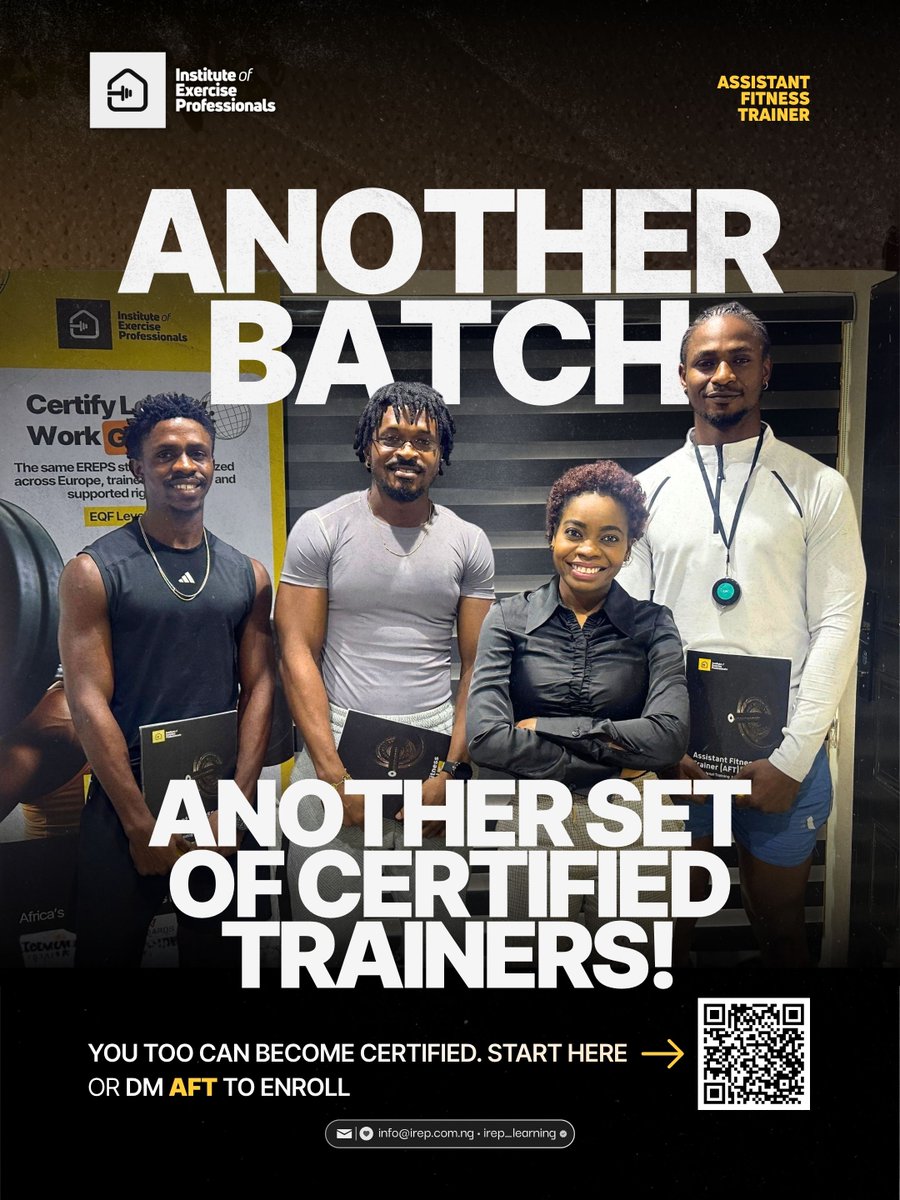 irep_learning's tweet photo. Another AFT batch, certified. 🎓
Real anatomy. Real coaching skills. EREPS-recognized — a global standard, delivered right here.
Next cohort enrolling now. DM to join.
#IREP #AFT #FitnessCertification #EREPS #NigerianFitness https://t.co/1ndhnrRCur