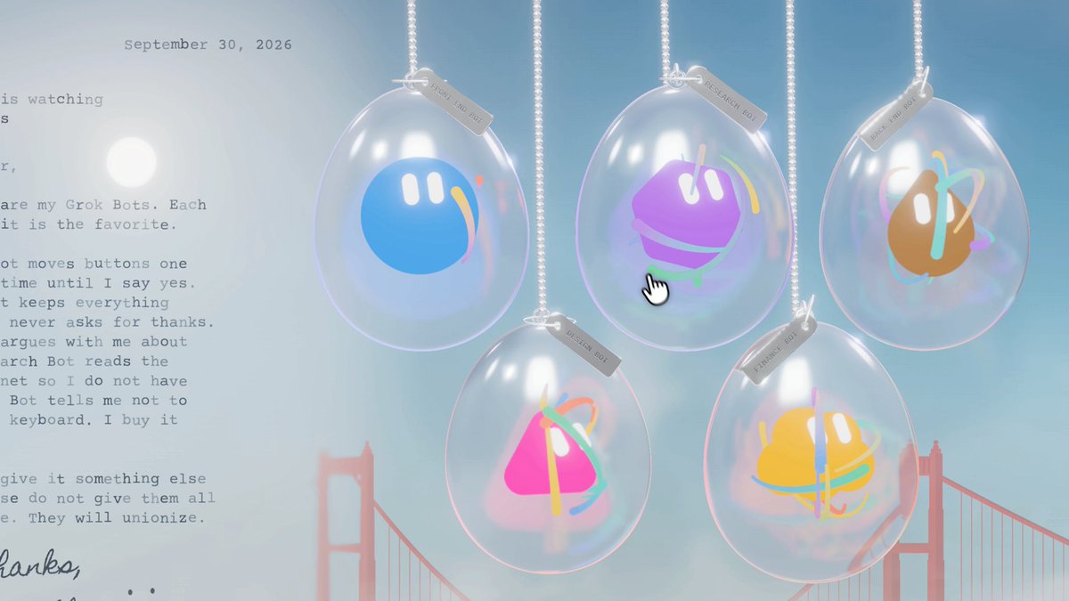 A digital illustration dated September 30, 2026, showing several colorful Grok Bots suspended in clear balloons, alongside a partially visible letter.