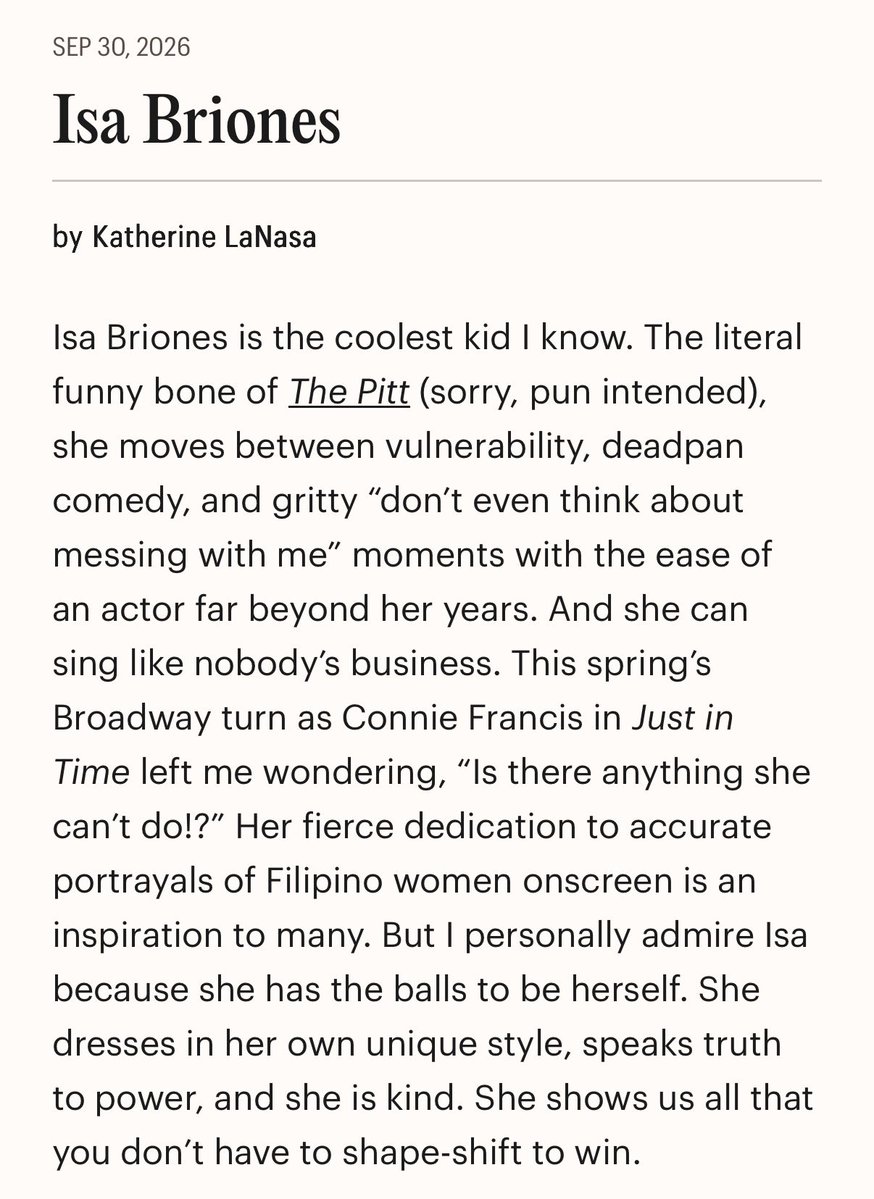 IsaCrave's tweet photo. Isa was featured as one of TIME100 Next 2026: The World's Most Influential Rising Stars! Here’s the sweet message that her Pitt co-star, Katherine LaNasa wrote about her for TIME magazine: https://t.co/O9L0Jagj47