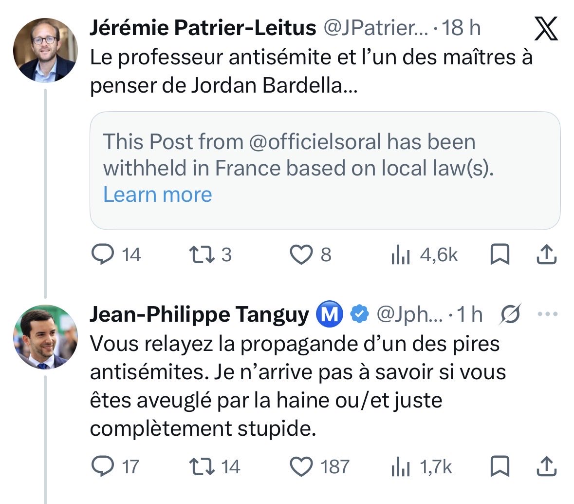 JphTanguy's tweet photo. Les macronistes ont relayé des messages de Soral interdit par les lois de la République tant et si bien que le message finit par être censuré par X au nom des lois françaises. 

Ils sont devenus fous. https://t.co/CFBX3BRZXi