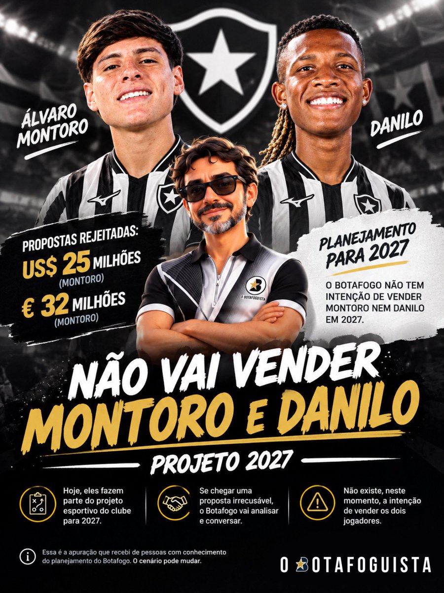 oBotafoguista's tweet photo. 🚨 APURAÇÃO SOBRE MONTORO, DANILO E O PLANEJAMENTO DO BOTAFOGO PARA 2027

Antes de tudo, quero deixar claro: essa informação parte de conversas que tive com pessoas com conhecimento do planejamento do Botafogo. Não significa que o cenário seja imutável, principalmente porque ainda estamos falando de mercado da bola.

Dito isso, o que me foi passado de forma bastante clara é o seguinte:

⚫⚪ Neste momento, o Botafogo não trabalha com a intenção de vender Álvaro Montoro nem Danilo em 2027.

No caso de Montoro, a avaliação interna que me relataram é simples: o clube entende que não faria sentido ter recusado propostas na casa de US$ 25 milhões e € 32 milhões se a ideia fosse negociá-lo logo depois.

A intenção, segundo essas conversas, é que Montoro e Danilo sejam peças importantes na construção do time de 2027.

Isso não quer dizer que exista uma determinação de “não vender por nenhum valor”.

O que ouvi foi que, caso apareça uma proposta considerada irrecusável pelo clube, ela será analisada e poderá haver negociação. Como acontece com praticamente qualquer jogador.

Portanto, para não gerar uma interpretação diferente do que estou apurando:

• O Botafogo não está planejando vender Montoro ou Danilo.
• Os dois fazem parte, hoje, do projeto esportivo para 2027.
• Uma proposta completamente fora da curva pode mudar o cenário.

Também faço questão de respeitar outras informações e apurações que estejam sendo publicadas sobre o tema.

Estou compartilhando exatamente o cenário que me foi apresentado pelas pessoas com quem conversei neste momento — sem tratar uma situação de mercado como algo definitivo.

O @amsfjb e o @CanalDoManel_ também obtiveram as mesmas informações neste sentido e já até também postaram sobre !