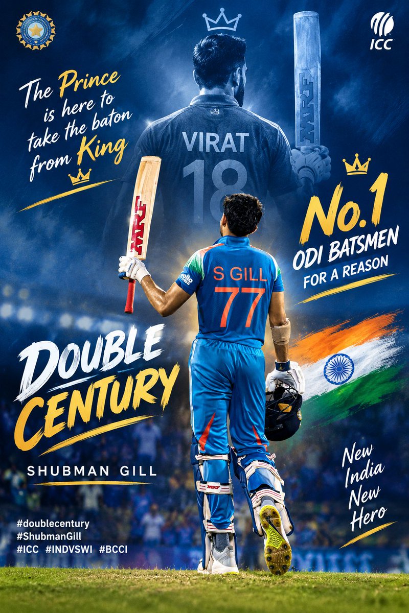 lmDipan's tweet photo. The Prince is here to take the baton from King 👑 
No.1 ODI BATSMEN FOR A REASON 
#doublecentury #ShubmanGill
#ICC #INDVSWI #BCCI https://t.co/X4KXCxlJZh