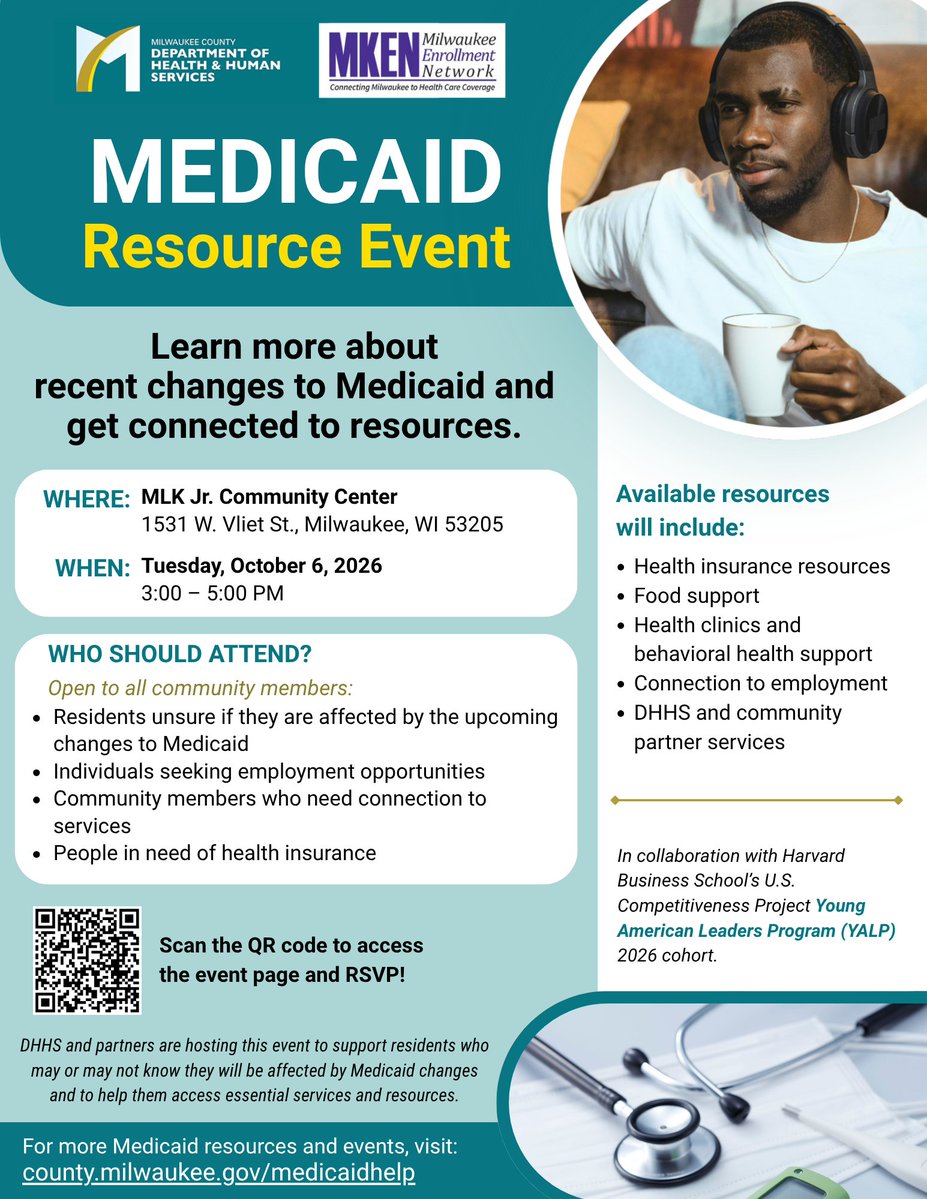 MkeCoDHHS's tweet photo. Need help understanding the recent changes to Medicaid? Join us for a Medicaid Resource Event where you can get information, ask questions, and connect with resources.

📅 Tue., Oct. 6
⏰ 3:00–5:00 PM
📍 MLK Jr. Community Center, 1531 W. Vliet St.

RSVP: https://t.co/ZCZm4XlU8q https://t.co/Jvq5b3UVUb