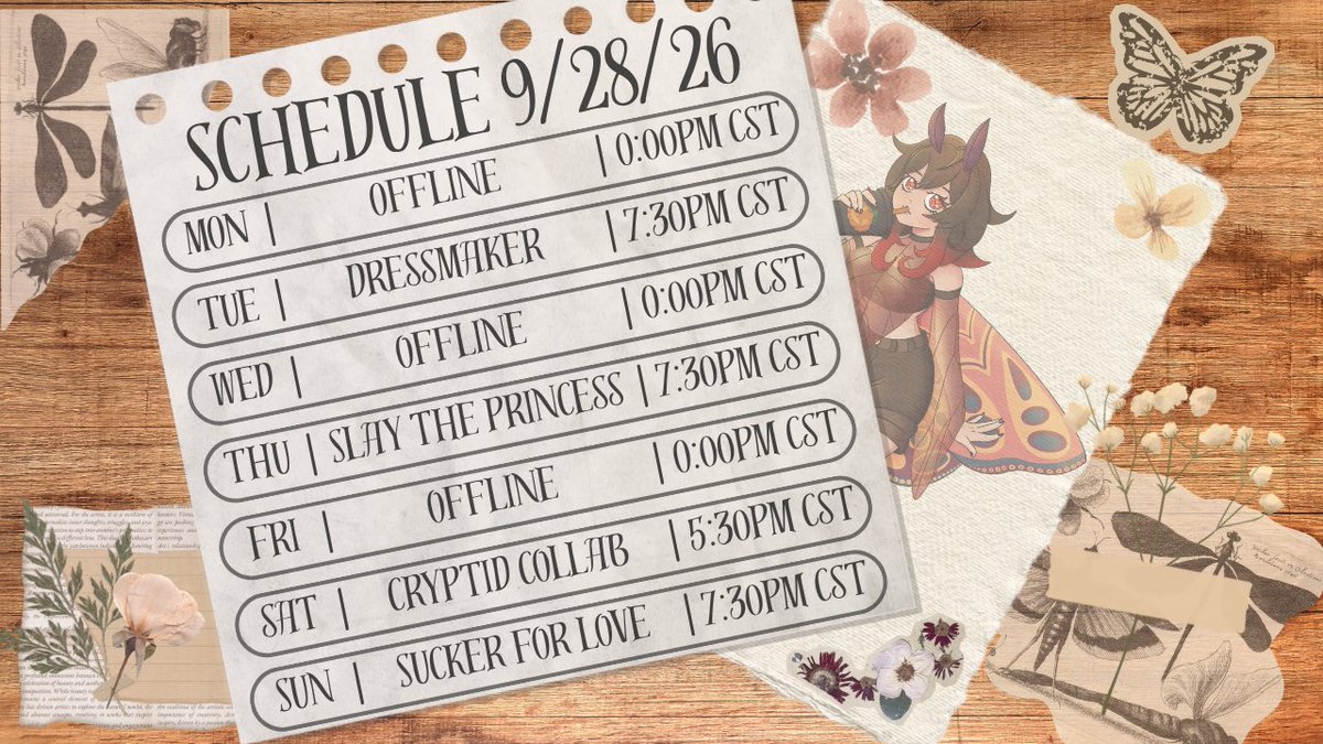 spookhettiii's tweet photo. Weekly stream schedule!! Will I follow it? Probably not lol https://t.co/y2Noovdc92