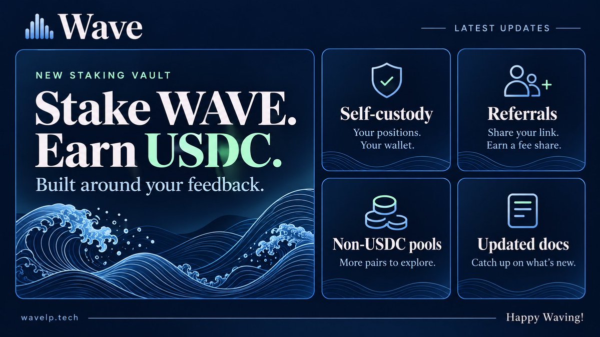 WaveonArc's tweet photo. Been a busy few days at Wave:

• Stake $WAVE, earn $USDC in the new vault
• Build self-custody positions
• Refer friends and earn a share of their mint fees
• Explore non-USDC pools
• Catch up with our updated docs

Built around your feedback. Keep it coming!

https://t.co/fQIT1oqE8u

Happy Waving!