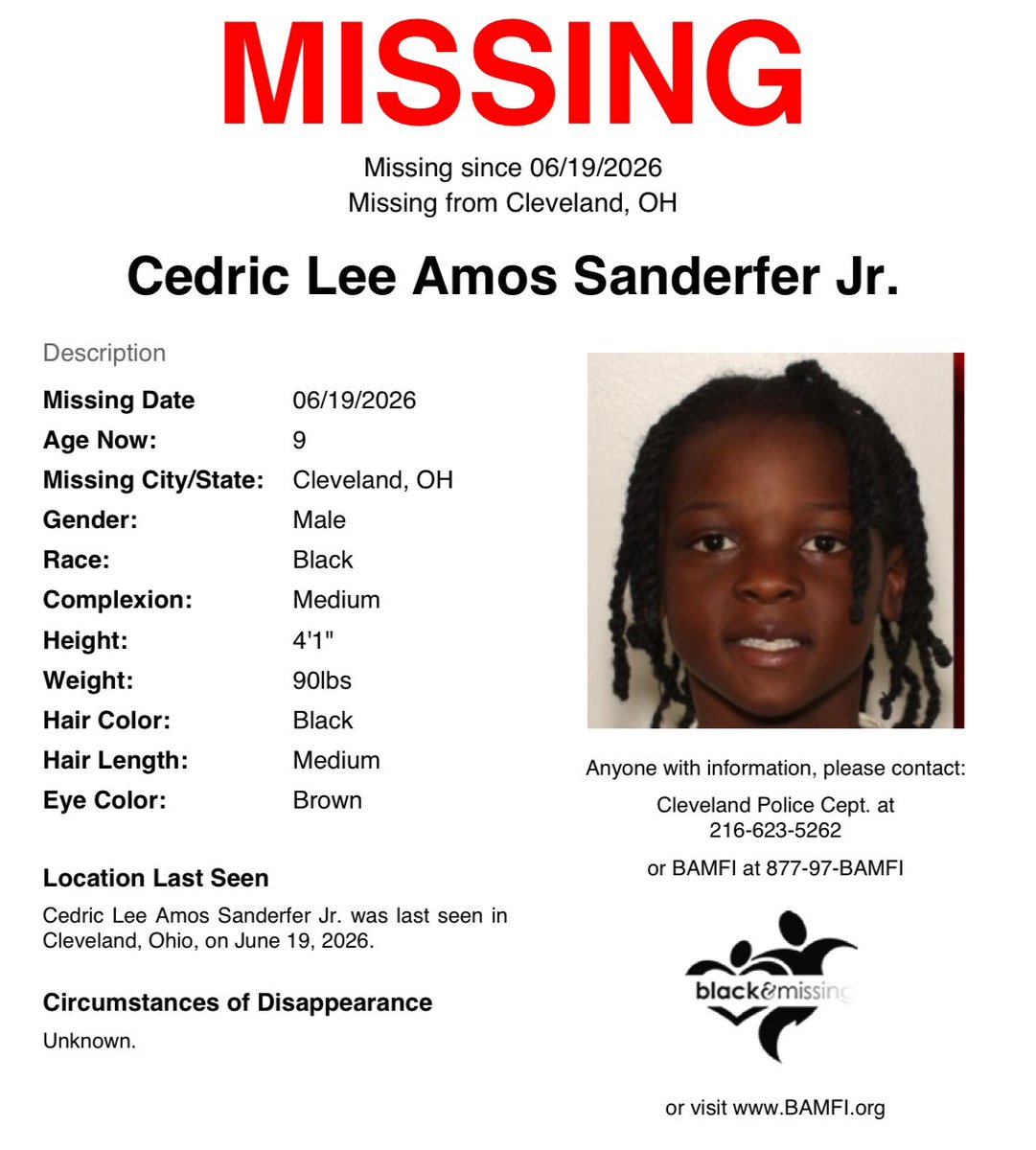BAM_FI's tweet photo. #Cleveland, #OH: 9y/o Cedric was last seen on June 19, wearing black shorts, a white polo shirt, and red and black Jordan tennis shoes.

Have you seen him?

Please SHARE to #HelpUsFindCedricSanderferJr #HelpUsFindUs #CedricSanderferJr https://t.co/piVEDq6HY5