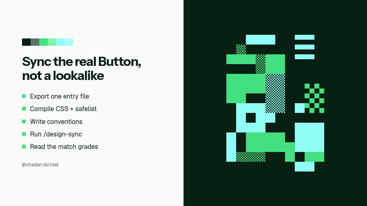 shaderdotmd's tweet photo. Claude Design can paint a screen that looks like yours and still invent every component.

A hand-styled Save button with utility classes is not your Button. Approve that mock and someone rebuilds the whole screen in the real system.

Nitay Neeman's /design-sync path builds a verified mirror of your React design system into Claude Design. Claude then reaches for Card, Button variant, and cn the way your repo already does.

Before you trust the canvas:

- Export components from one entry file
- Compile CSS with layout utilities safelisted
- Write a short conventions file that prefers variants over hand styles
- Run /design-sync and read the match grades

https://t.co/0KfAGI6Kvg