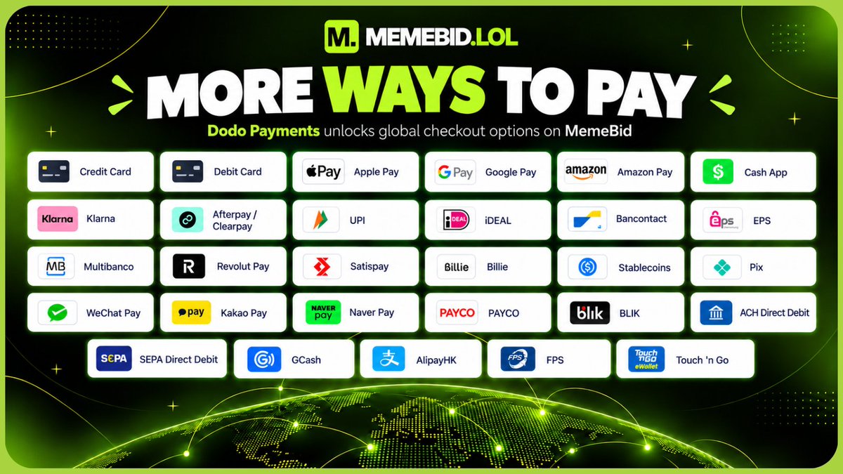 MemeBid_lol's tweet photo. Payments on @MemeBid_lol just got easier🎉

With @dodopayments now integrated, projects can pay for listings &amp; communities can back their memes through a smoother checkout experience✨

💚Less friction
💚Faster payments

List your memecoin or boost your favorite today🐸

#MemeBid https://t.co/2rw27hSI21