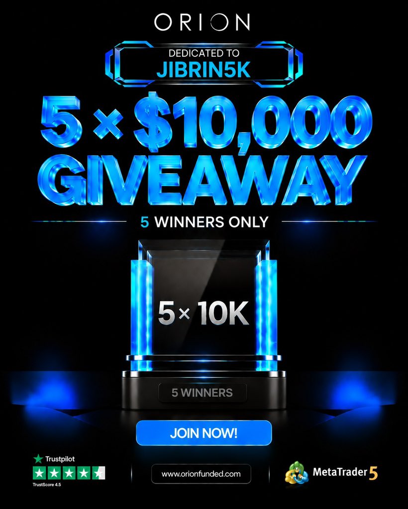 JIBRIN5k's tweet photo. 🚨 MASSIVE GIVEAWAY ALERT! 🚨

​We are teaming up with @Orionfundedcom to give away 5x $10,000 Accounts to 5 lucky traders! 🤑💼  

​📝 HOW TO ENTER

1️⃣ Must Follow:
@Orionfundedcom
@OrionAffiliates
@JIBRIN5k 
@Jibrinfx001 

​ 2️⃣ Like & Retweet / Share this post ❤️

3️⃣ Tag 3 fellow traders

 4️⃣ Use promo code  JIBRIN5k50

Winners soon  🎉