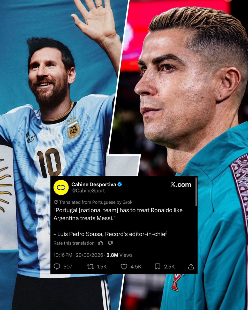 M10GOAT's tweet photo. هجوم كبير من البرتغالييين على لويس بيدرو سوزا، رئيس تحرير صحيفة ريكورد 🇵🇹 بعد تصريحه:

"يجب أن تُعامل البرتغال كريستيانو رونالدو كما تعامل الأرجنتين ميسي."

التصريح أثار موجة من الانتقادات

ومن أبرز التعليقات:

"يجب على رونالدو أن يعامل البرتغال كما يعامل ميسي الأرجنتين."

"ميسي مفيد للفريق داخل الملعب وخارجه."

"الأرجنتين لم تعامل ميسي كملك، ميسي أثبت أنه يستحق كل هذا التقدير."

"ليُو ميسي ليس نرجسياً، أو حجزاً في الملعب، أو "مالكا" لمنتخبه."

"لا يمكنك مقارنة علاقة ميسي بالأرجنتين بعلاقة أي لاعب آخر بمنتخب بلاده."

"ميسي كان أفضل لاعب في آخر كأسين عالميتين وغادر. رونالدو كان أسوأ لاعب في آخر 3 كؤوس عالمية وبقي.."

"يا ابن ** اخرج من المنتخب، لم يعد أحد يريدك هنا أيها الأناني القذر، تعلم كيف تخرج كما فعل ميسي."