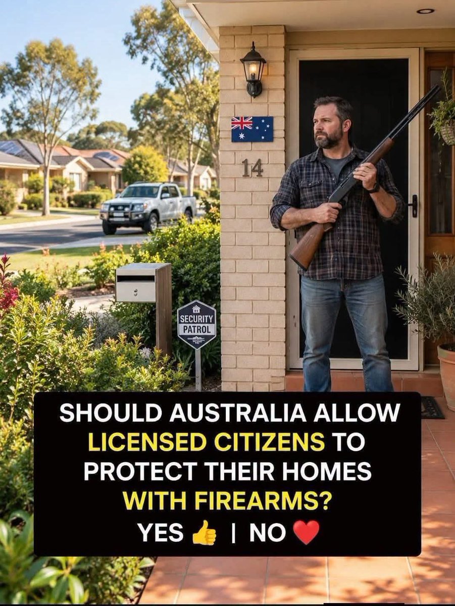 AussieOneVoices's tweet photo. Should Australia allow licensed citizens to protect their homes with firearms?

👍Yes 

❤️No https://t.co/2A0valgQYp