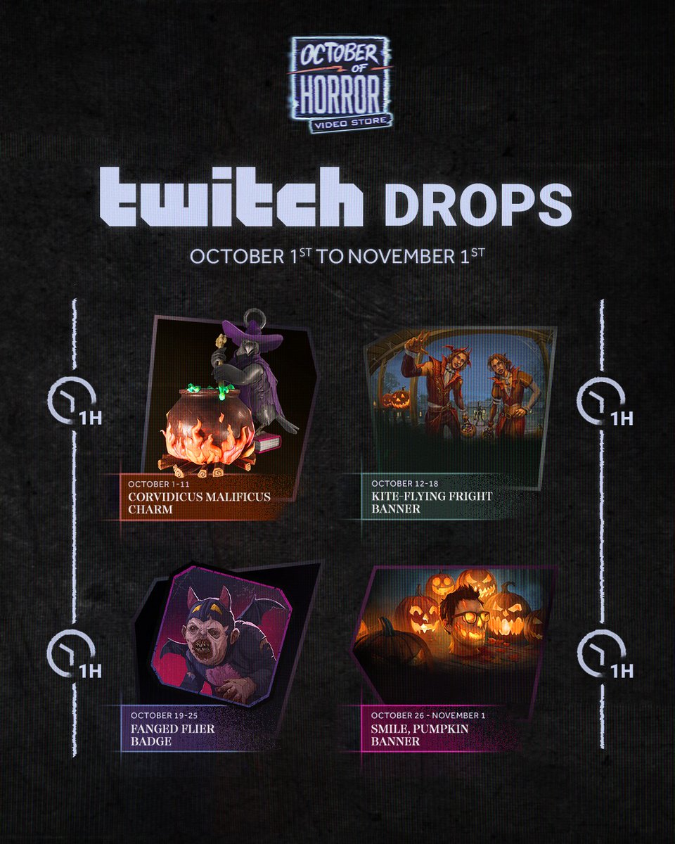 DeadbyDaylight's tweet photo. We're bringing you tricks and treats this October, with four Twitch Drops to earn this month, starting tomorrow at 11AM ET during our October of Horror Broadcast. 🔗 https://t.co/FGK2VRo0T3 https://t.co/rzM3EiuQik