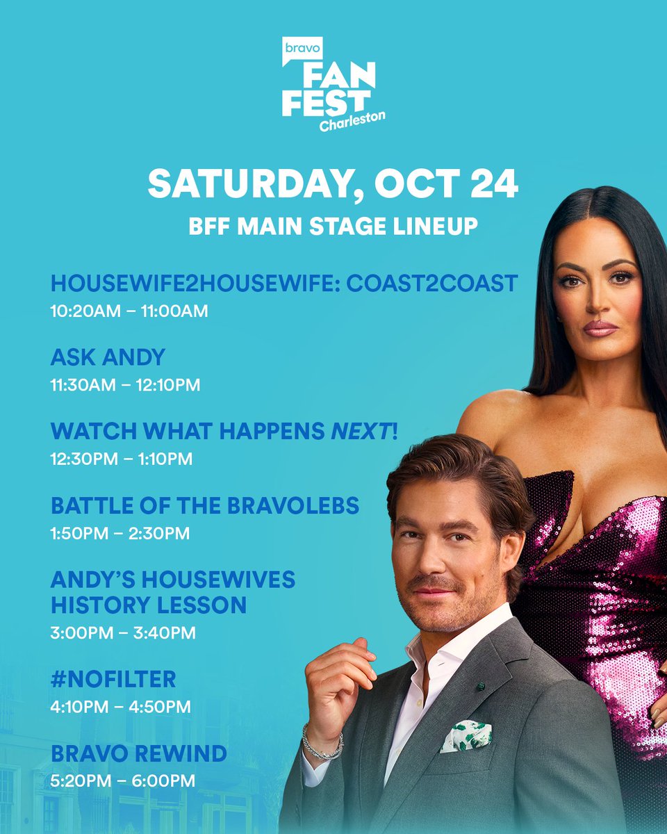 BravoTV's tweet photo. Booked and busy at #BravoFanFest 🎥 See every panel coming soon to the Main Stage! More info at https://t.co/IOkY97XnEP... https://t.co/Ud2AS1t74K