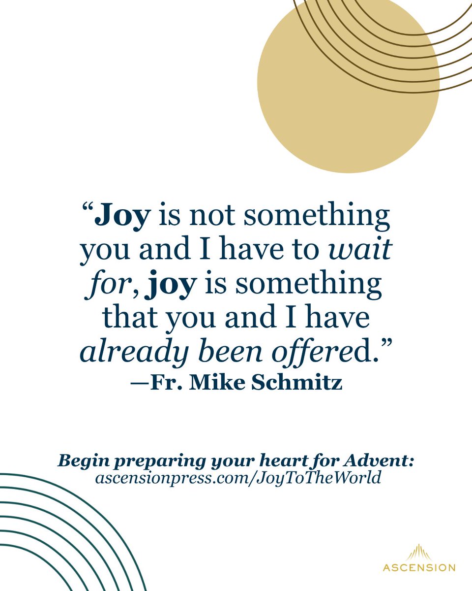 AscensionPress's tweet photo. Advent is less than two months away! 💛

Beginning November 29, discover a joy that comes from trust, not circumstance.

Introducing "Joy to the World": Ascension's new Advent program featuring daily video reflections from Fr. Mike Schmitz.

All are invited to rediscover the joy of the Christmas season. "Joy to the World" is created for individuals and parish communities alike, with both digital and devotional formats available.

Learn more at https://t.co/VF0T6kcZcE 🙏