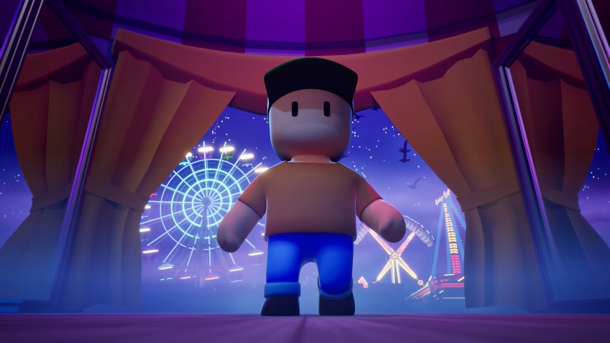 A 3D animated character wearing a cap stands inside a circus tent, looking out at a vibrant carnival scene featuring a glowing Ferris wheel and other amusement rides under a starry night sky.