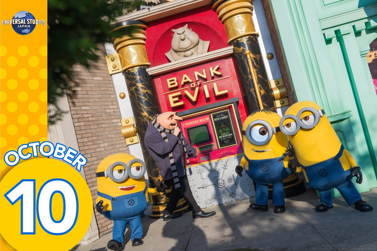 USJ_Official's tweet photo. 今日から10月がスタート！​
今月もUSJで楽しんでいきましょう！🌎​

…ってあれ？​
グルーとミニオンたち何してるの？？ https://t.co/aeNOKbhFq4