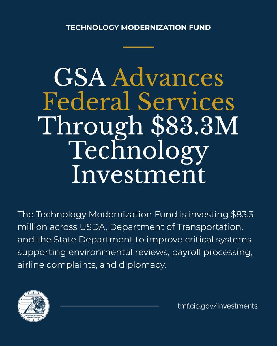 USGSA's tweet photo. New federal tools are on the way. @USGSA's Technology Modernization Fund is investing $83.3M at @USDA @USDOT and @StateDept covering environmental reviews, payroll, airline complaints, and diplomacy. See how it all works: https://t.co/Fmry7WnL90 https://t.co/XLOVYSx9QC