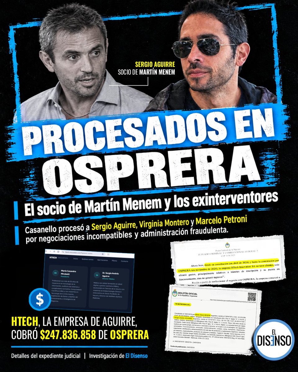 ElDisenso's tweet photo. 🚨¿Sabías que procesaron al socio de Martín Menem en la causa #OSPRERA?

✅Reuniones en Casa Rosada
✅Reformas relámpago en el Boletín Oficial
✅$247 millones facturados desde un consultorio.

⚖️La Justicia procesó a Sergio Aguirre y a los exinterventores tras los hallazgos documentados por #ElDisenso.

#InvestigaciónExclusiva 👇
https://t.co/5ad1qgBG9X
