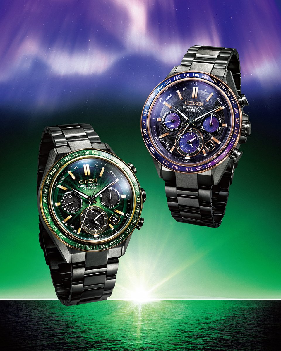 CITIZENWATCHJP's tweet photo. 『アテッサ』の「ACT Line」から、太陽と地球が織りなす希少な光景を表現したエコ・ドライブ50周年限定モデルが登場！

水平線に沈む太陽が放つ一瞬の閃光「グリーンフラッシュ」と、極寒の夜空に現れる幻想的な「パープルオーロラ」をモチーフとしています。

光が��み出す神秘的な瞬間を腕元に映した、特別な限定モデルです。